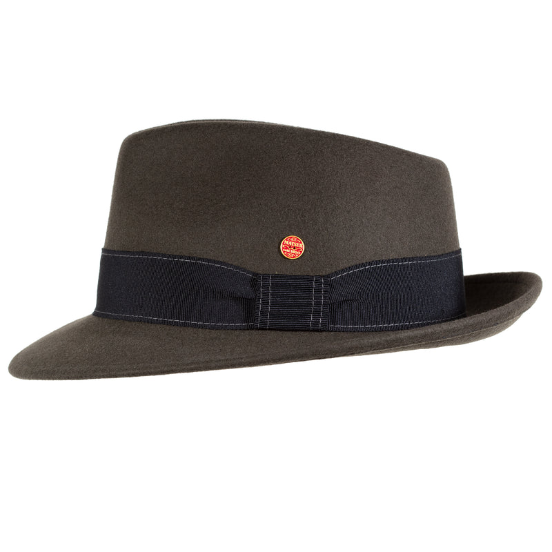 Manuel Wool Fedora Side view, Manuel Wool Felt Fedora by Mayser Hats in Stone showing grograin ribbon band and Mayser pin.