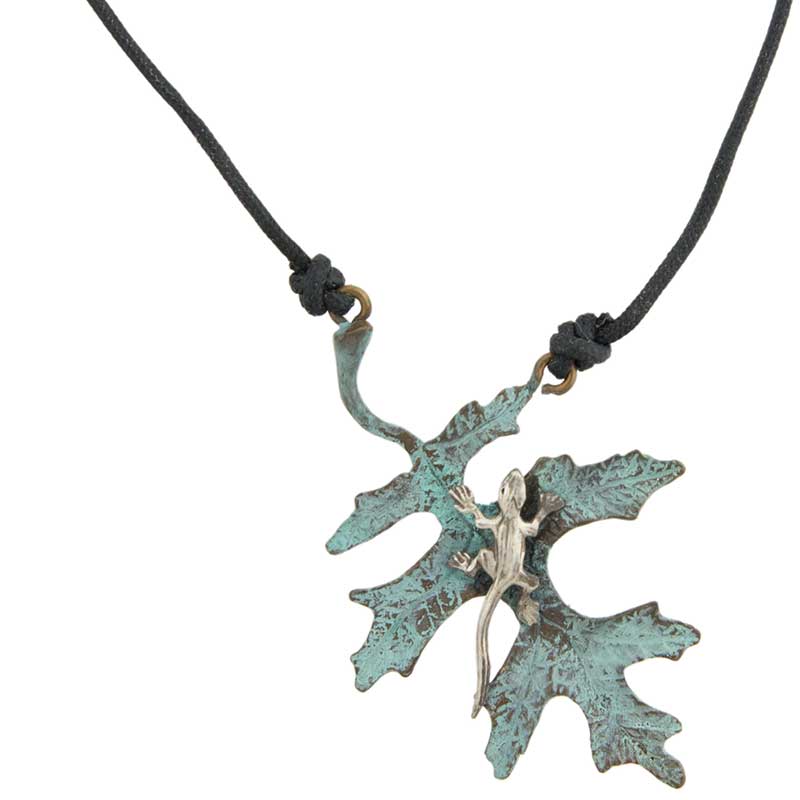 Oak Leaf With Silver Lizard Pendant with cord Oak Leaf With Silver Lizard Pendant with cord