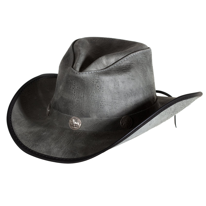 Cyclone Hat in Asphalt, a leather cowboy hat made in USA by American Hat Makers. Slanted view showing hat band with polished Buffalo nickels.