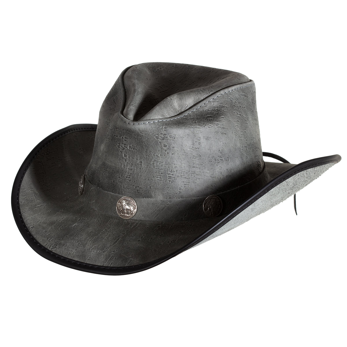 Cyclone Hat in Asphalt, a leather cowboy hat made in USA by American Hat Makers. Slanted view showing hat band with polished Buffalo nickels.