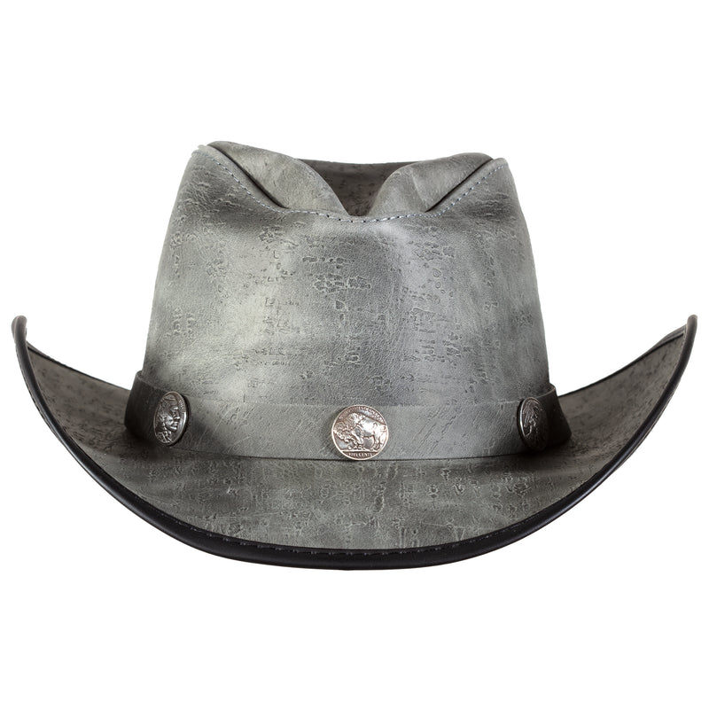 Cyclone Hat in Asphalt a leather cowboy hat made in USA by American Hat Makers. Front view showing hat band with polished Buffalo nickels.