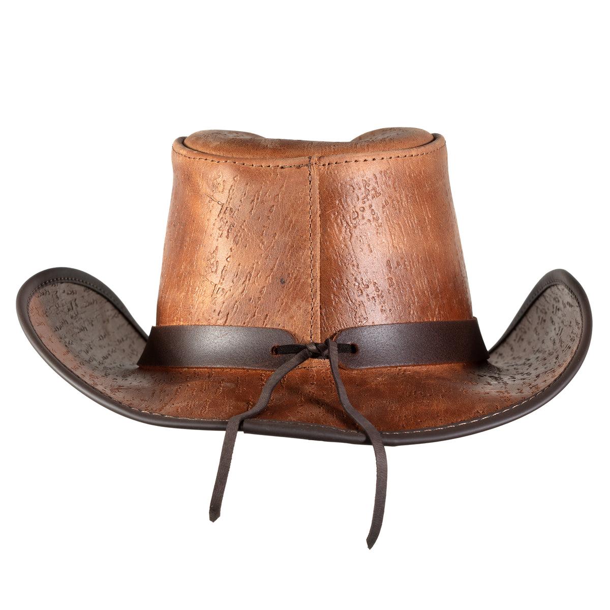 Cyclone Hat in Cobblestone, a leather cowboy hat made in USA by American Hat Makers. Back view.