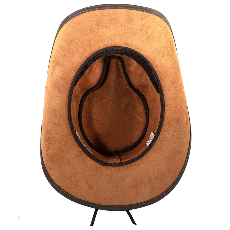 Cyclone Hat in Cobblestone, a leather cowboy hat made in USA by American Hat Makers. Inside of crown view showing unlined hat with a velcro-attached insert for both sweat absorption and sizing.