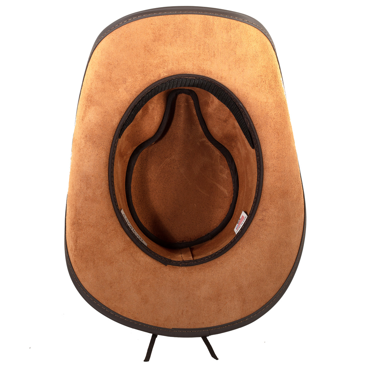 Cyclone Hat in Cobblestone, a leather cowboy hat made in USA by American Hat Makers. Inside of crown view showing unlined hat with a velcro-attached insert for both sweat absorption and sizing.