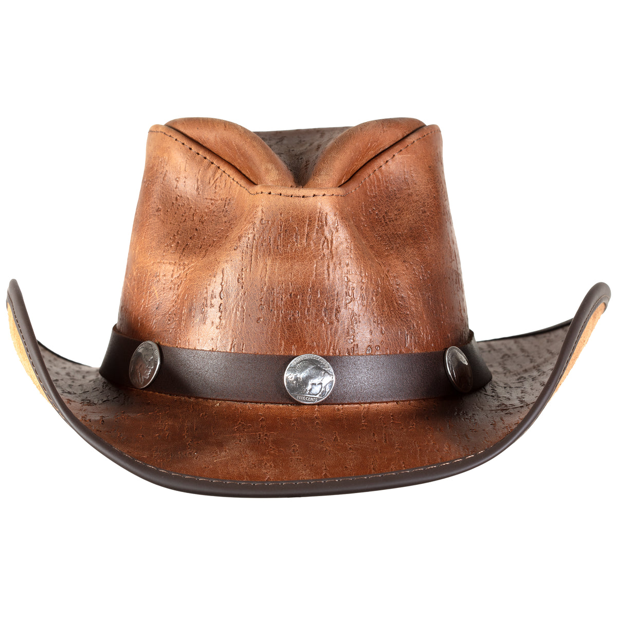 Cyclone Hat in Cobblestone, a leather cowboy hat made in USA by American Hat Makers. Front view showing hat band with polished Buffalo nickels.