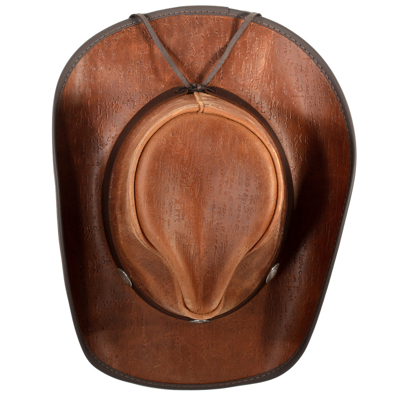 Cyclone Hat in Cobblestone, a leather cowboy hat made in USA by American Hat Makers. Top View showing pinched crown and curled brim.