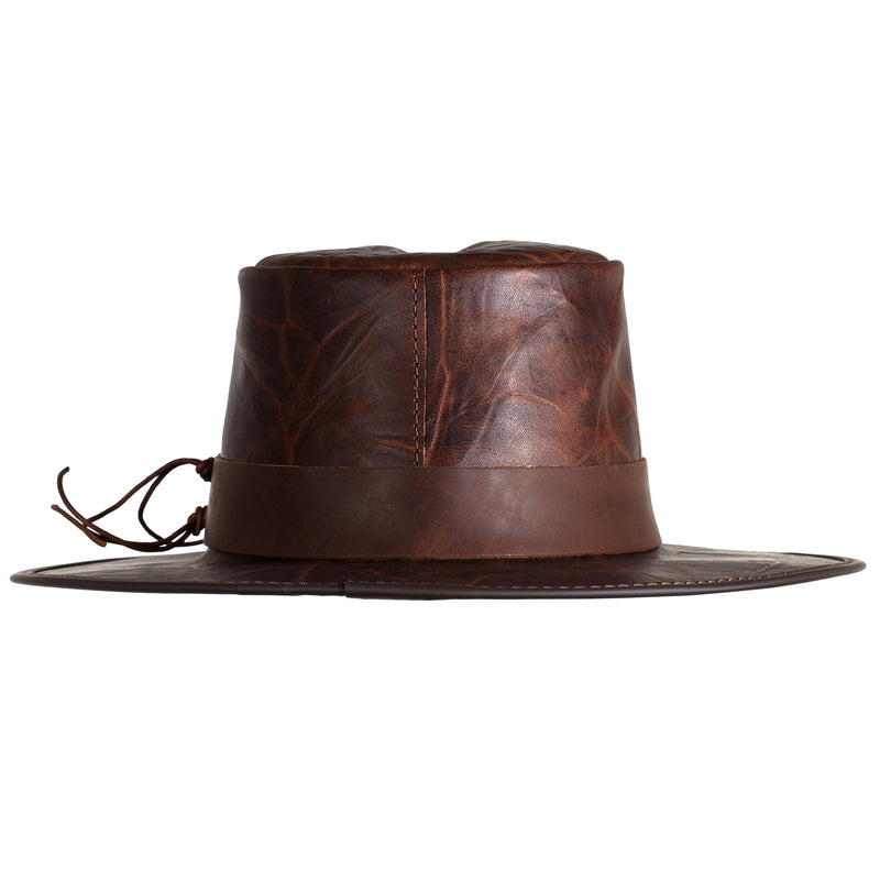 Back view, Unforgiven Hat made by American Hat Makers in the USA. A brown leather hat reminiscent of the hat worn by Clint Eastwood in the movie.