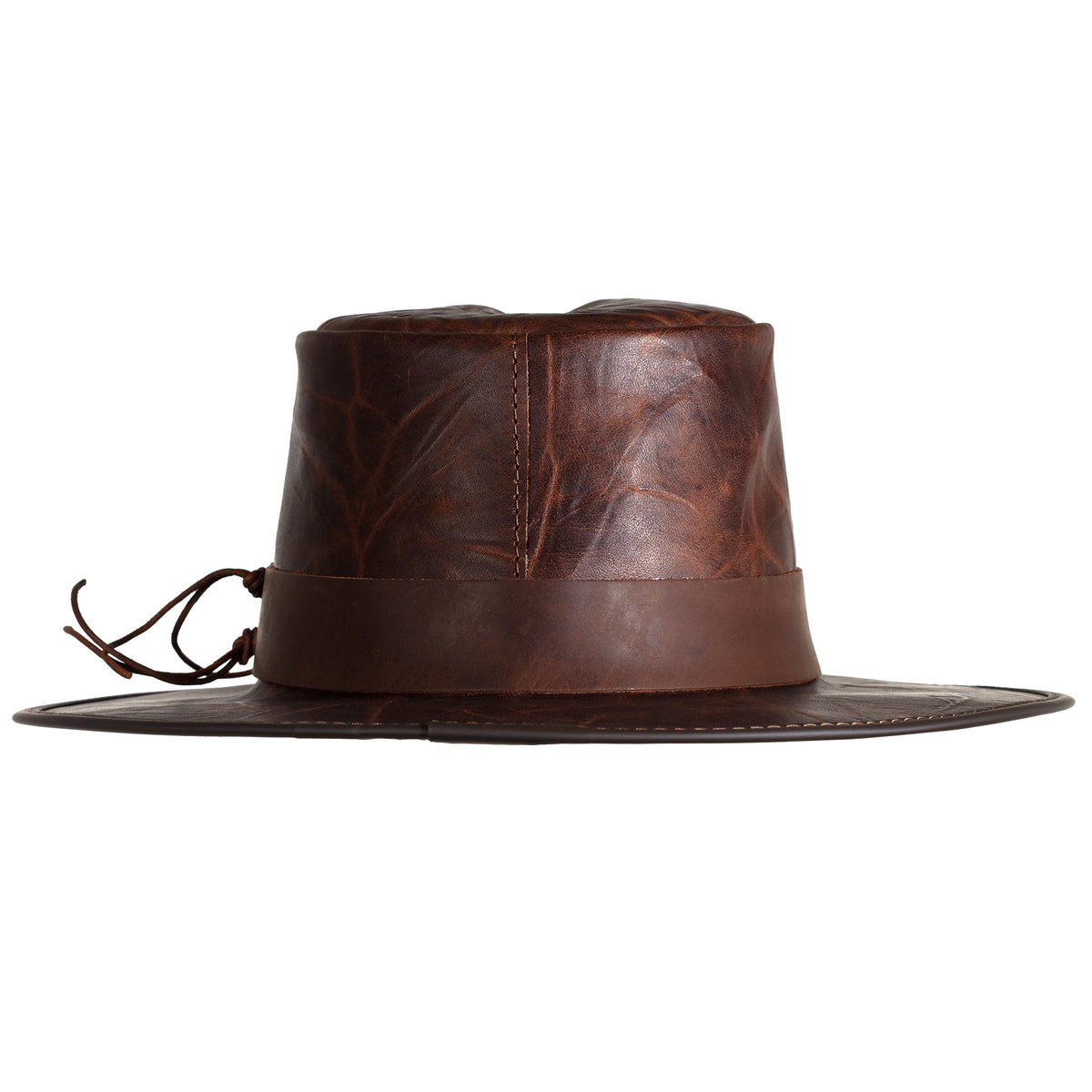 Back view, Unforgiven Hat made by American Hat Makers in the USA. A brown leather hat reminiscent of the hat worn by Clint Eastwood in the movie.