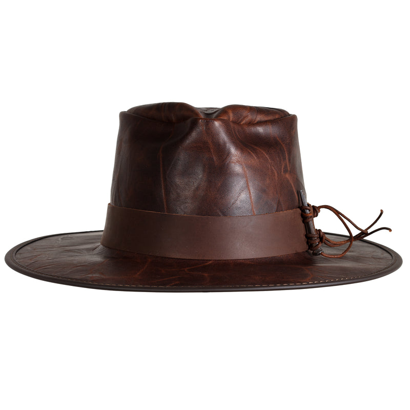 Front view, Unforgiven Hat made by American Hat Makers in the USA. A brown leather hat reminiscent of the hat worn by Clint Eastwood in the movie.