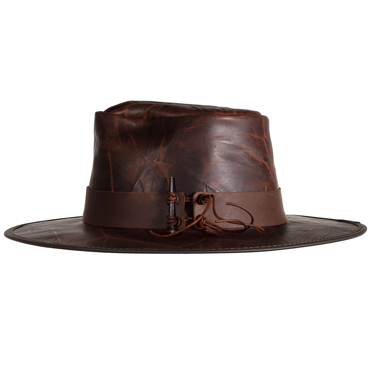 Side view of the Unforgiven Hat made by American Hat Makers in the USA showing the leather hat band with an ornamental nail closure.