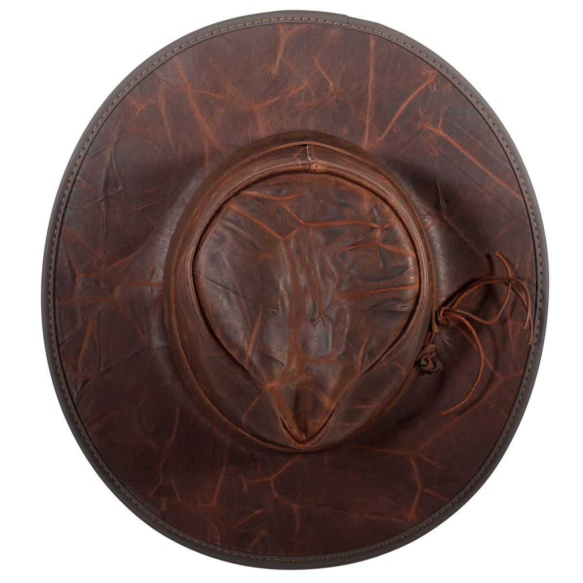 Top view, Unforgiven Hat made by American Hat Makers in the USA showing the teardrop crown. A brown leather hat reminiscent of the hat worn by Clint Eastwood in the movie.