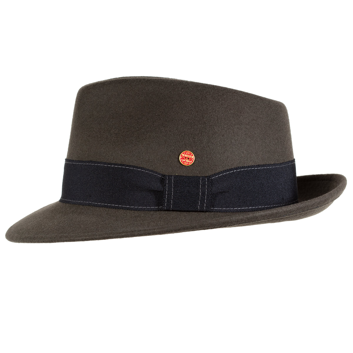 Side view, Manuel Wool Felt Fedora by Mayser Hats in Stone showing grograin ribbon band and Mayser pin.