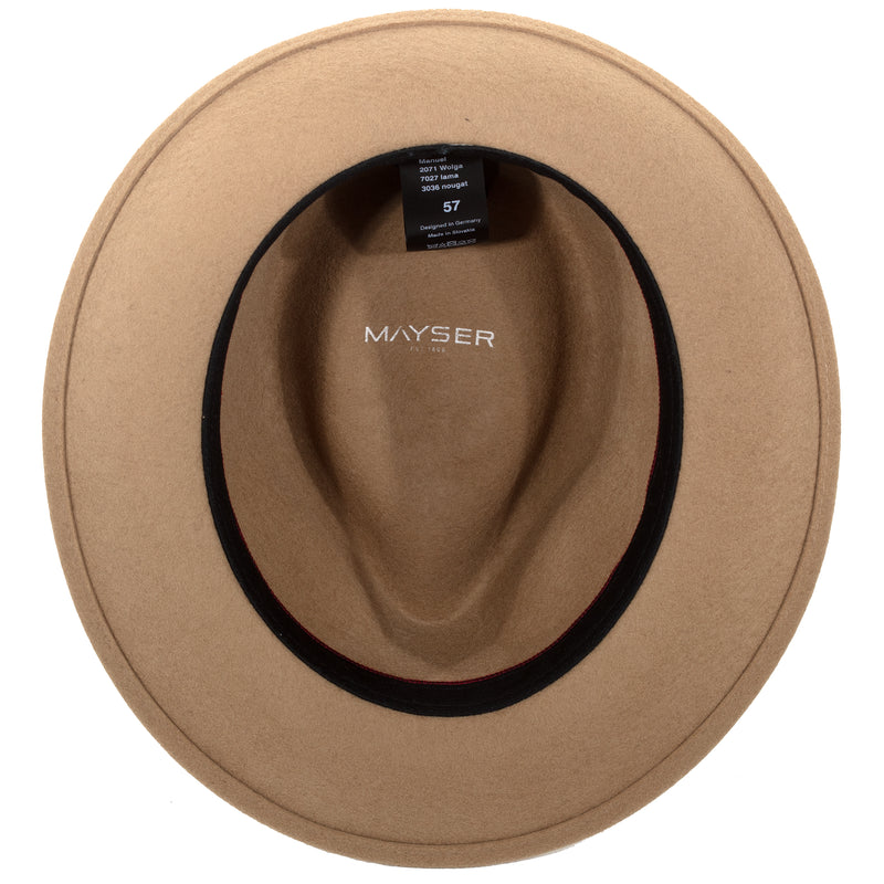 Inside view, Manuel Wool Felt Fedora by Mayser Hats in Nougat (Tan) showing unlined crown and cloth sweatband.