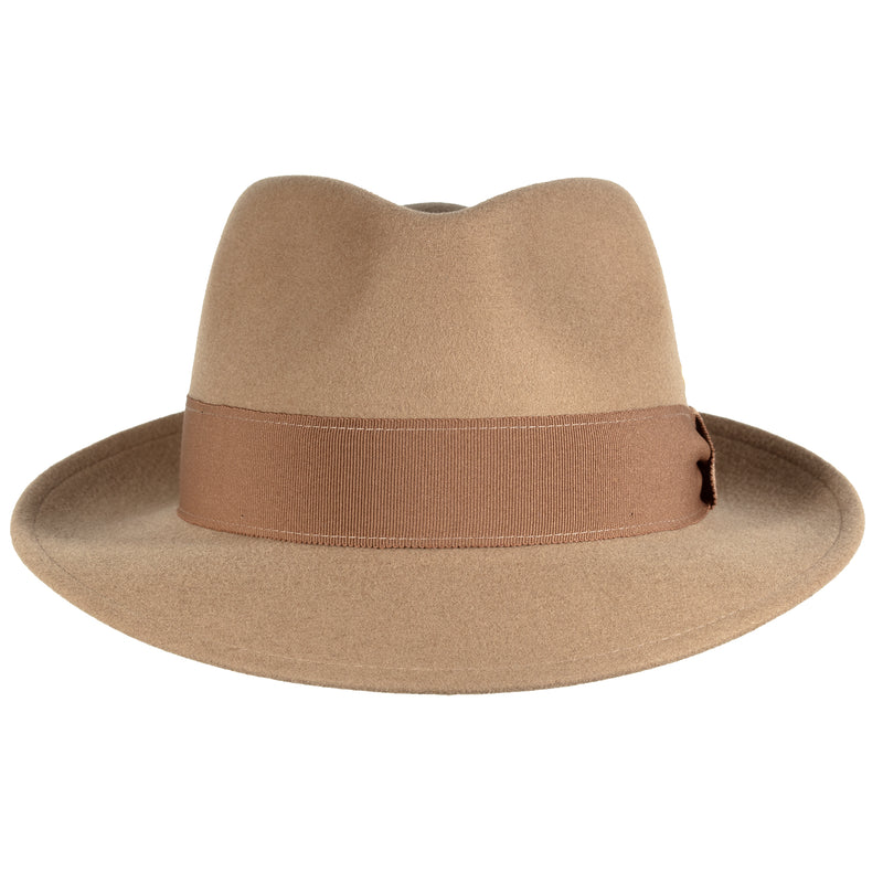Front view, Manuel Wool Felt Fedora by Mayser Hats in Nougat (Tan).