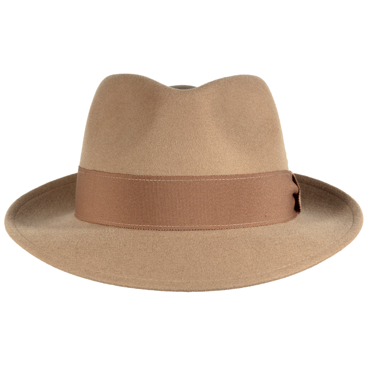 Front view, Manuel Wool Felt Fedora by Mayser Hats in Nougat (Tan).