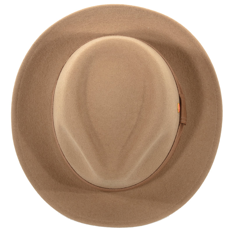 Top view,Manuel Wool Felt Fedora by Mayser Hats in Nougat (Tan) showing classic fedora shaped crown.
