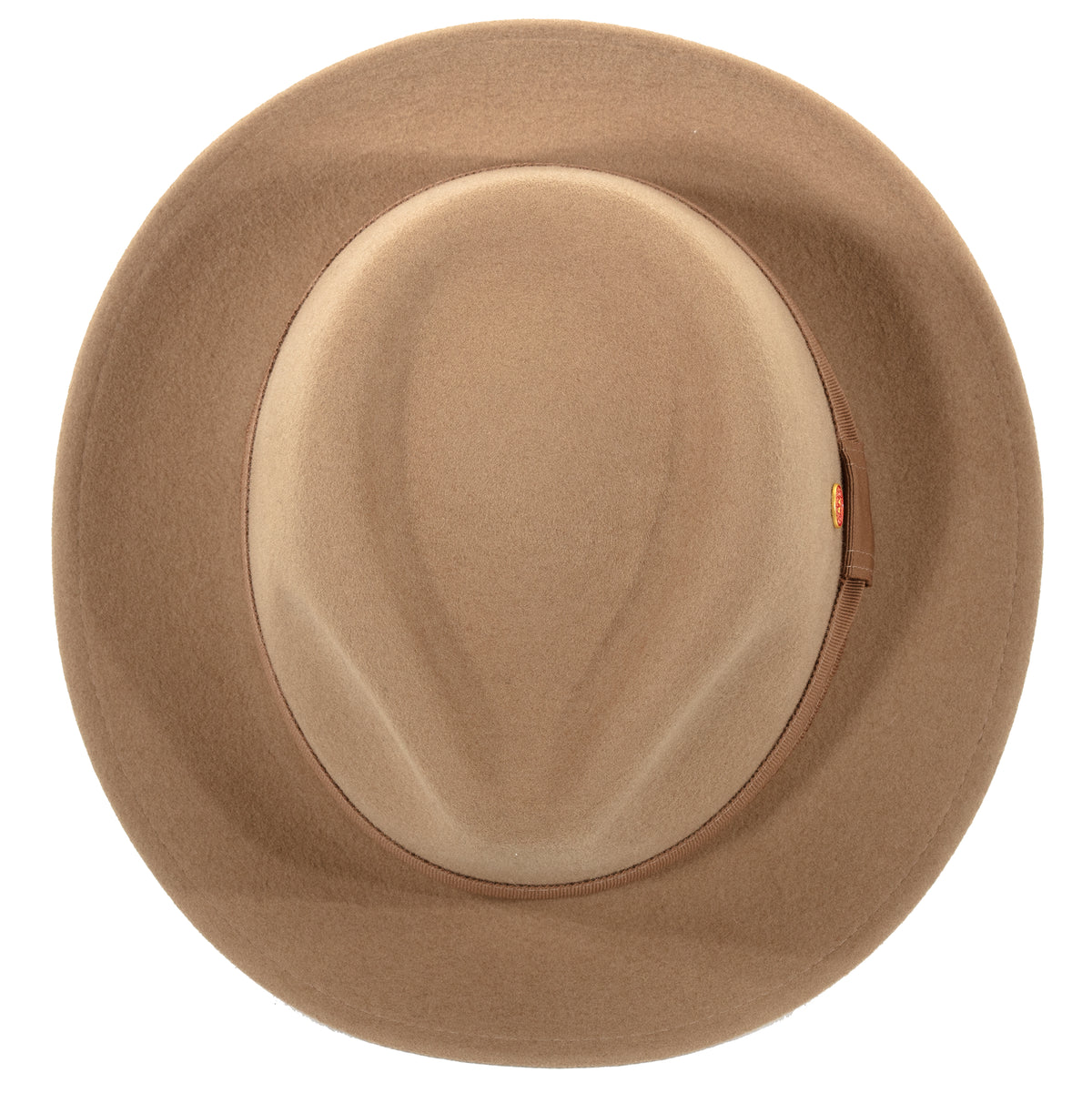 Top view,Manuel Wool Felt Fedora by Mayser Hats in Nougat (Tan) showing classic fedora shaped crown.