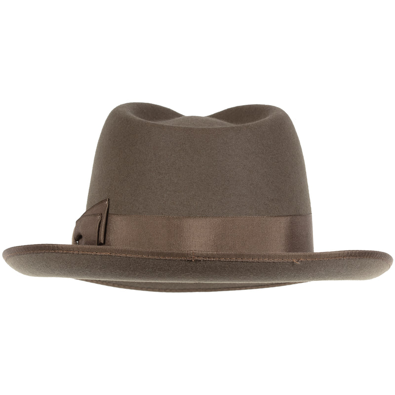 Stylemaster Hat in Acorn. A pre-creased fedora, 100% rabbit fur felt. Handcrafted in Australia by Akubra. Back view showing back brim snapped up.