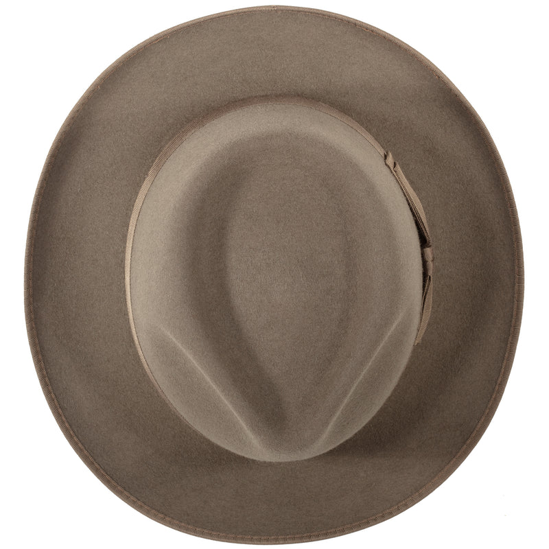 Stylemaster Hat in Acorn. A pre-creased fedora, 100% rabbit fur felt. Handcrafted in Australia by Akubra. Top view.