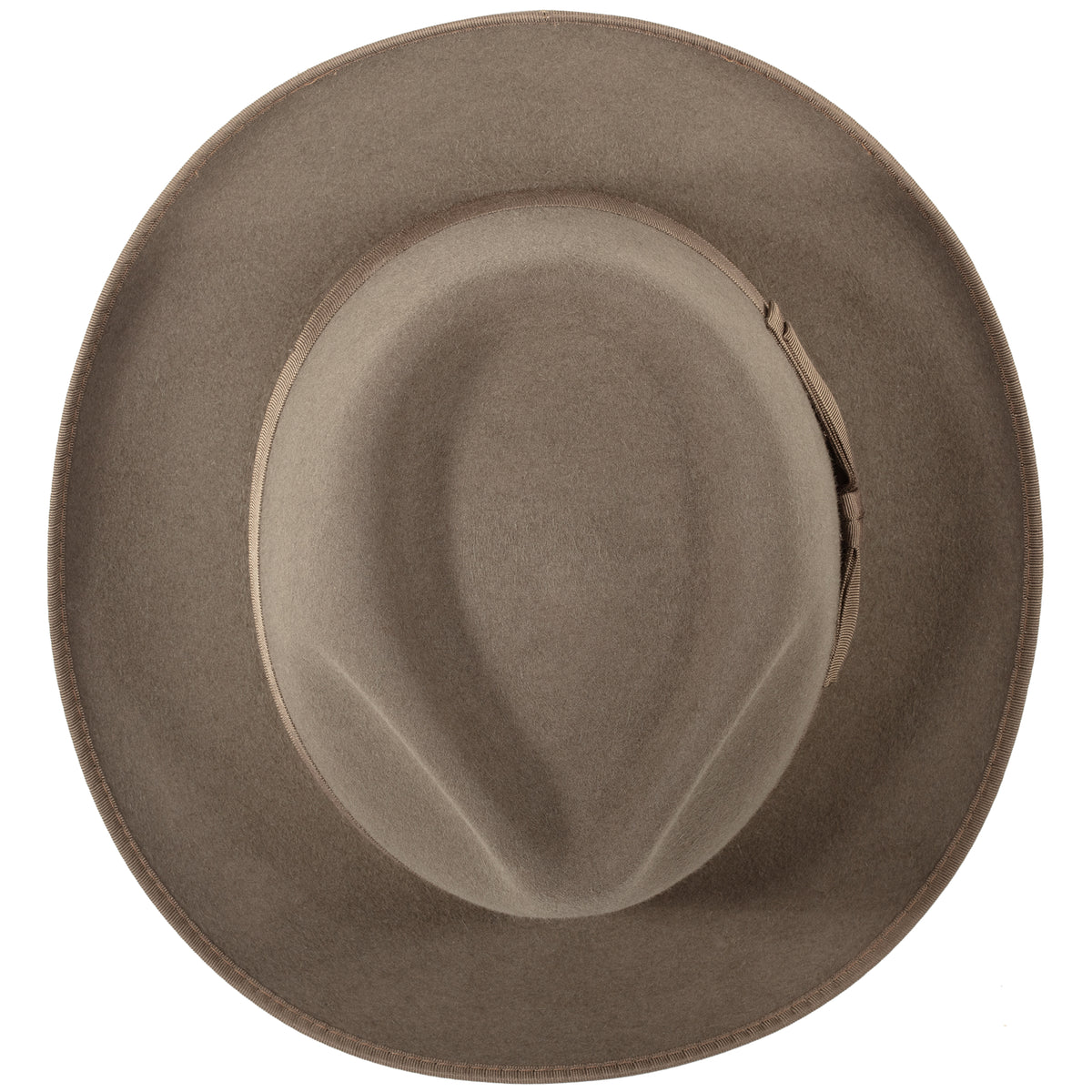 Stylemaster Hat in Acorn. A pre-creased fedora, 100% rabbit fur felt. Handcrafted in Australia by Akubra. Top view.