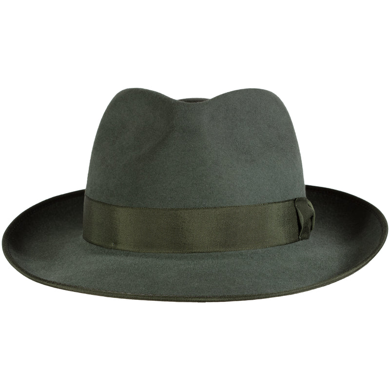 Stylemaster Hat in Bluegrass. A pre-creased fedora, 100% rabbit fur felt. Handcrafted in Australia by Akubra.  Front view.