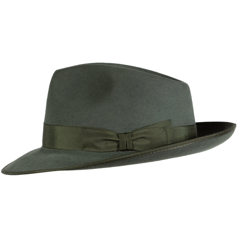 Stylemaster Hat in Bluegrass. A pre-creased fedora, 100% rabbit fur felt. Handcrafted in Australia by Akubra. Side view.