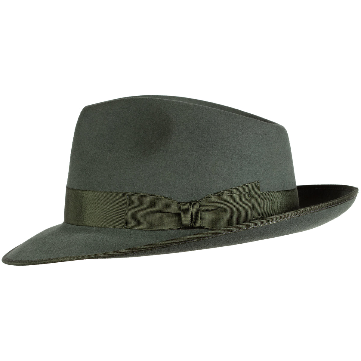 Stylemaster Hat in Bluegrass. A pre-creased fedora, 100% rabbit fur felt. Handcrafted in Australia by Akubra. Side view.