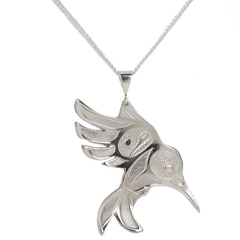 Hummingbird In Flight Pendant, Pewter and Silver