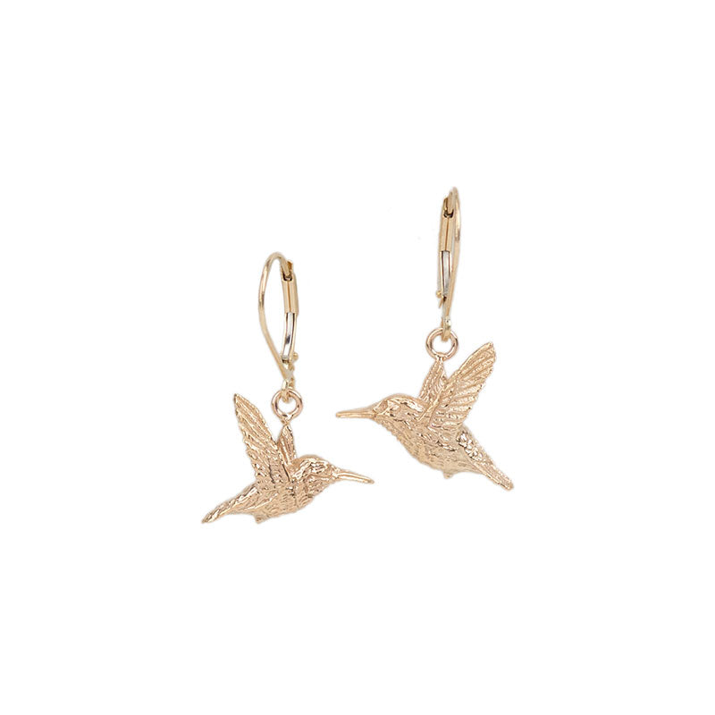 Mirrored Rufous Hummingbird Earrings, 14k Gold